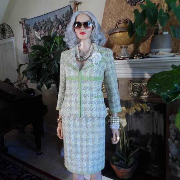 Douglas Hannant Light Green Houndstooth PatternTweed Skirt Suit Size 6 - Picture 1 of 16